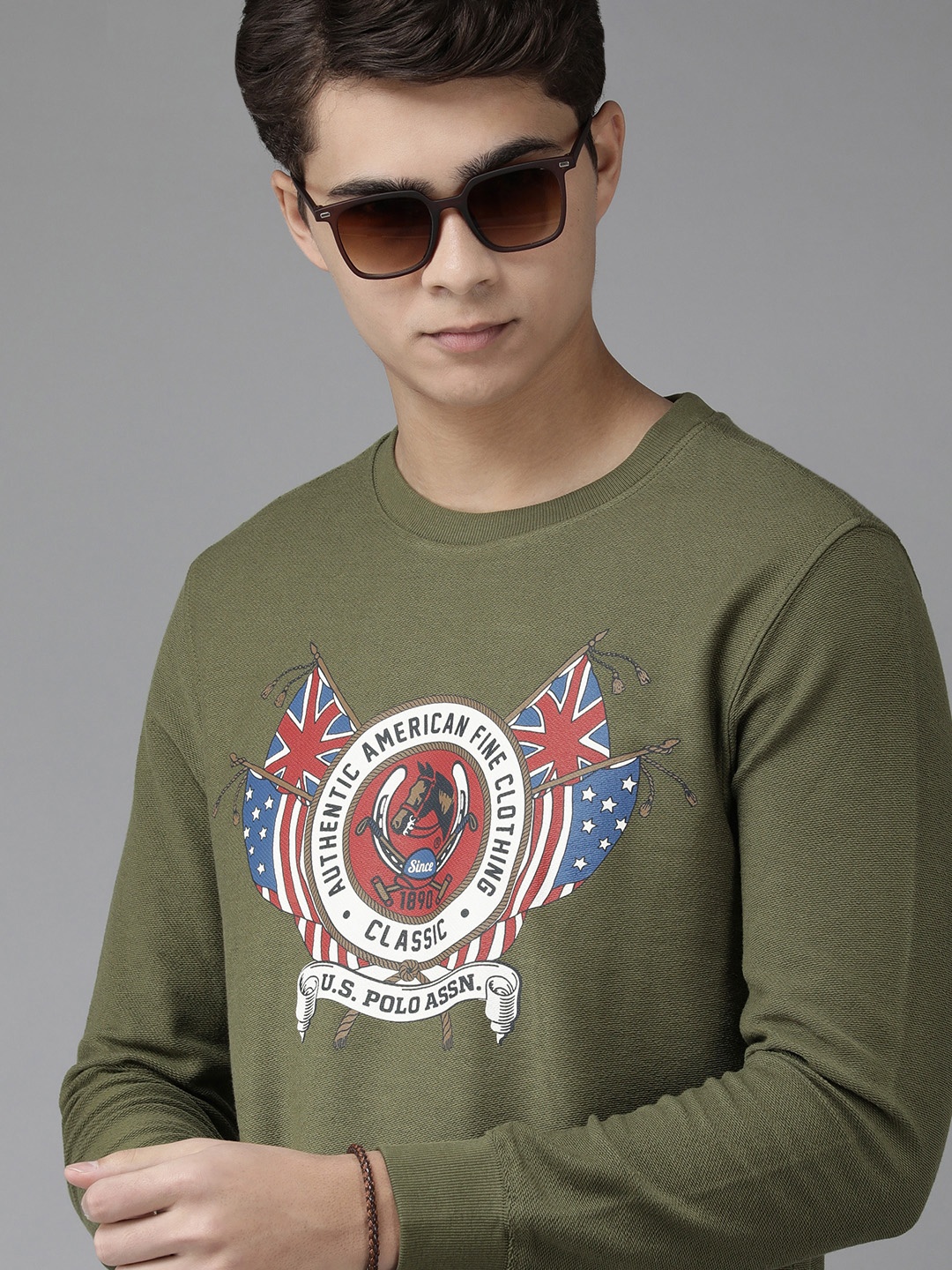

U.S. Polo Assn. Denim Co. Men Olive Green Brand Logo Print Pure Cotton Sweatshirt