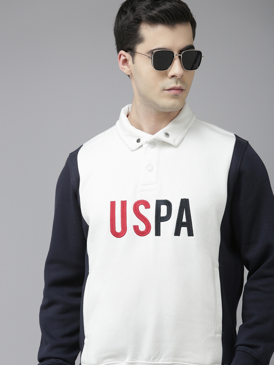 

U S Polo Assn Men White & Navy Blue Colourblocked Long Sleeves Sweatshirt