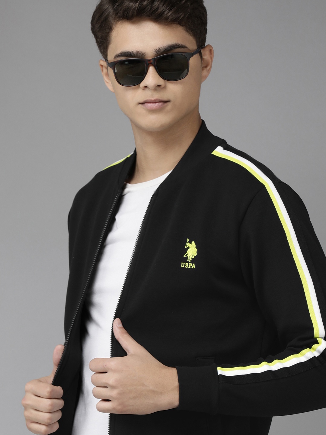 

U S Polo Assn Men Black Solid Open-Front Sweatshirt with Brand Logo Detail