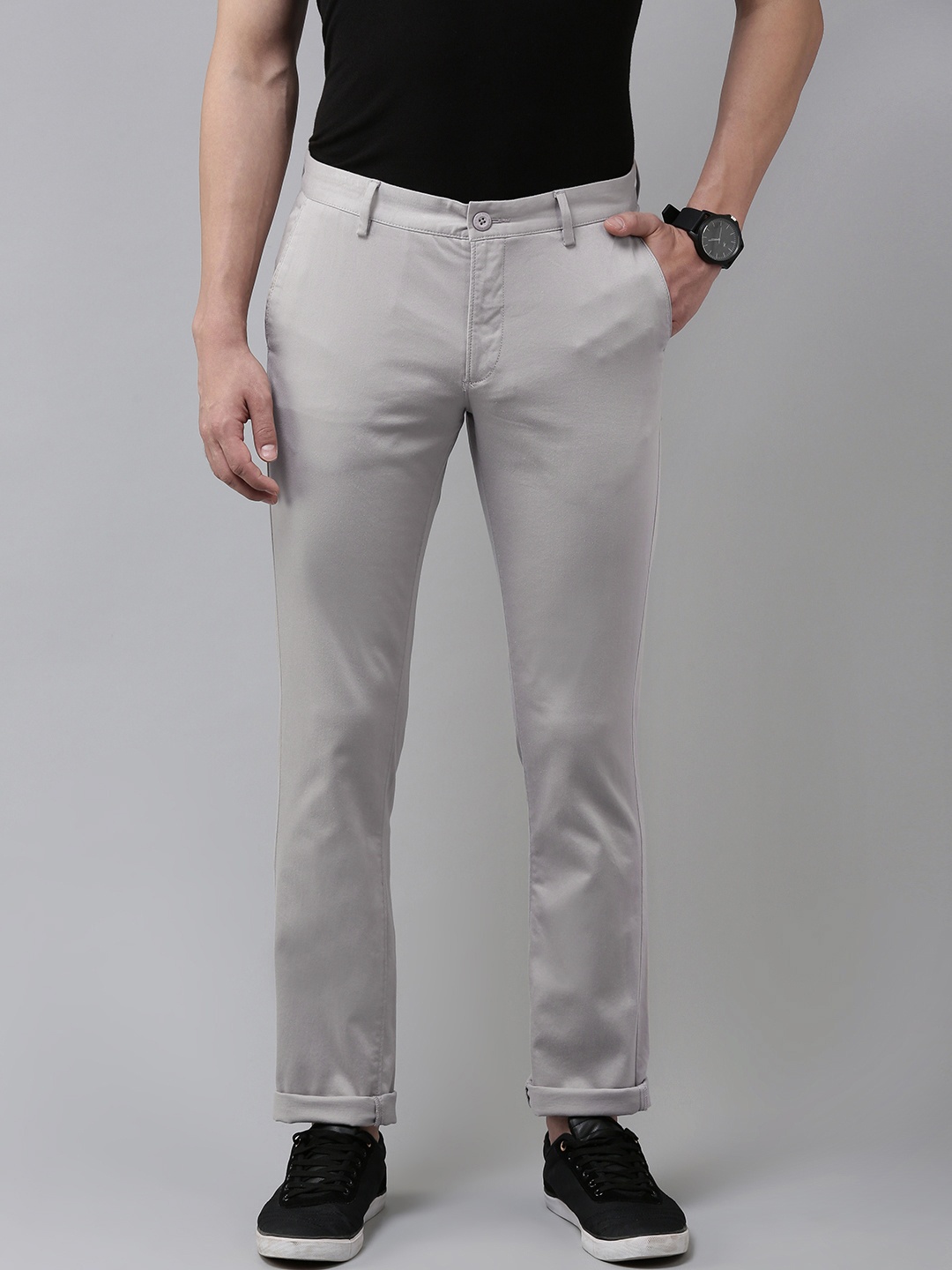 

U S Polo Assn Men Grey Solid Slim Fit Mid-Rise Corduroy Trousers