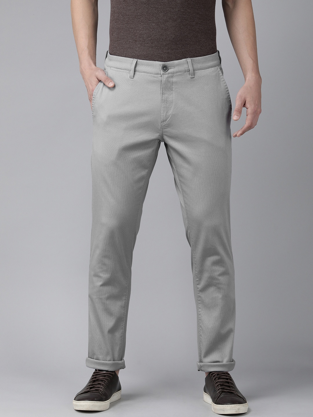 

U S Polo Assn Men Grey Textured Slim Fit Corduroy Trousers
