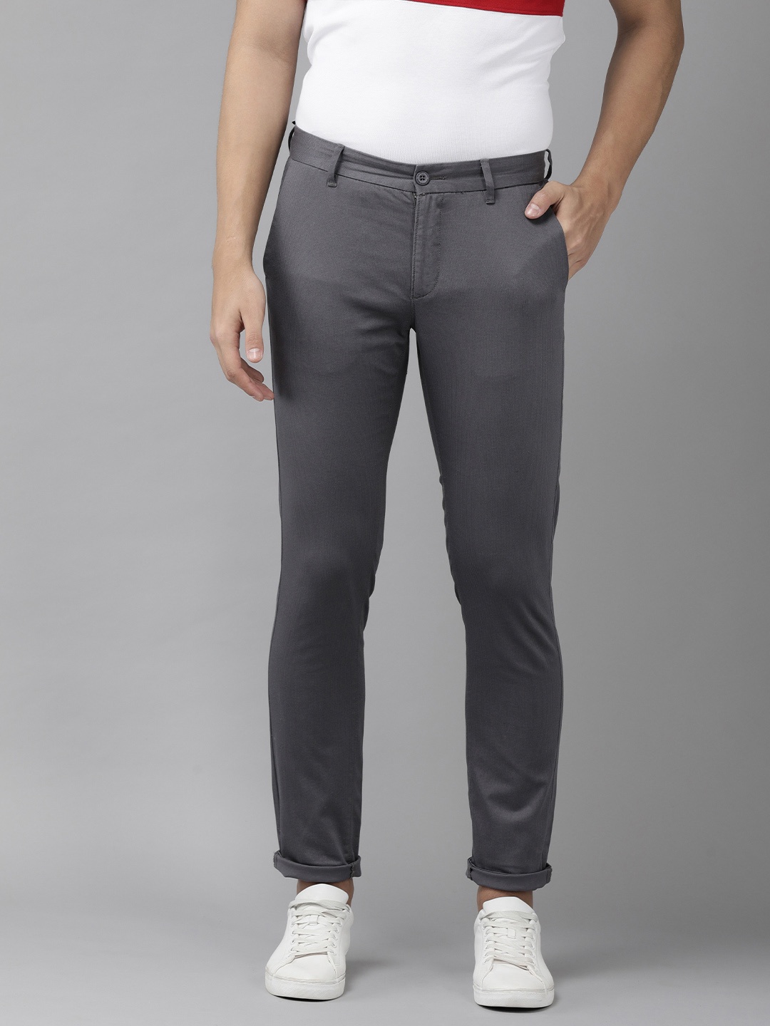

U S Polo Assn Men Grey Slim Fit Solid Corduroy Trousers