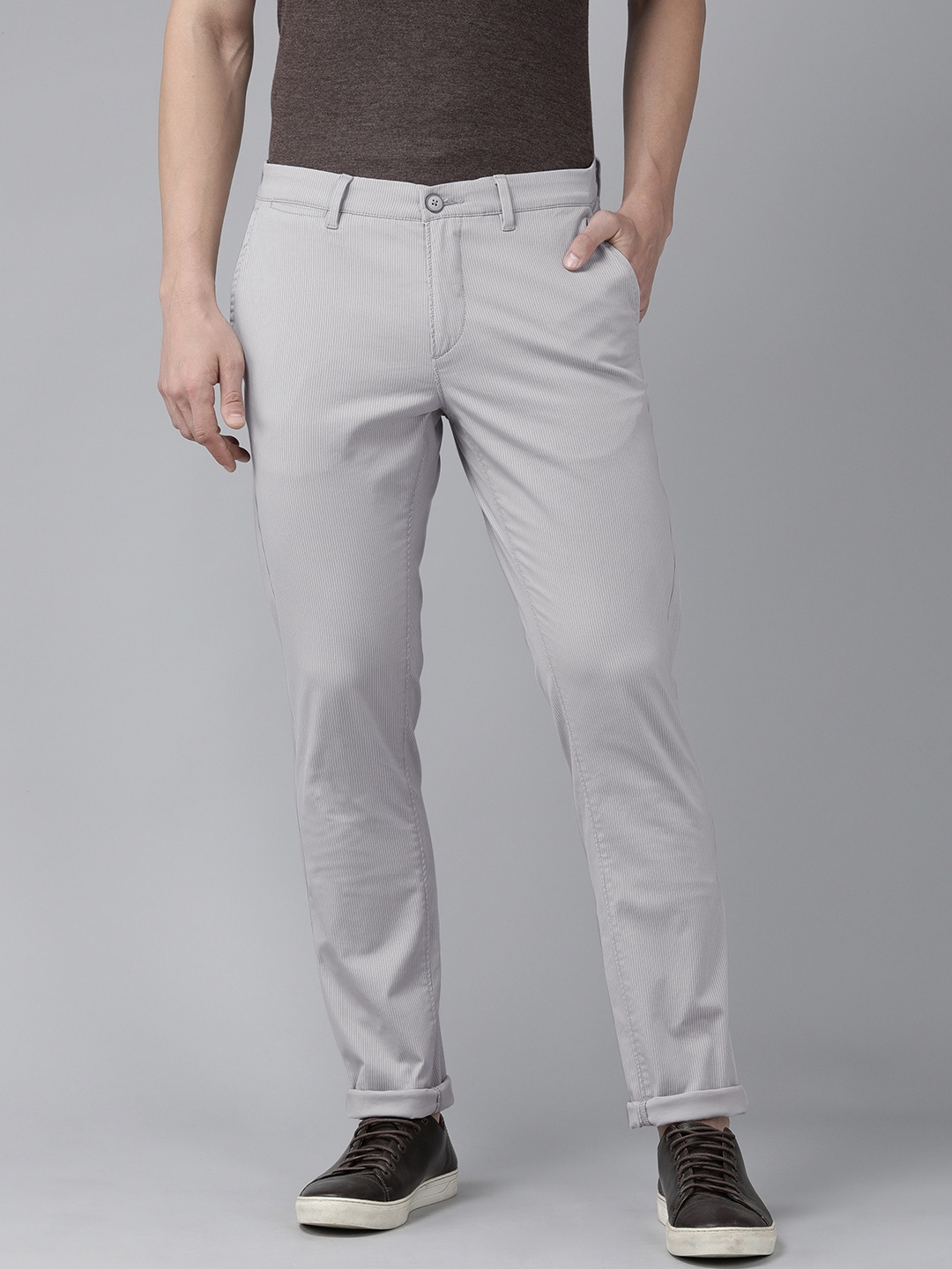 

U S Polo Assn Men Grey Striped Slim Fit Corduroy Trousers