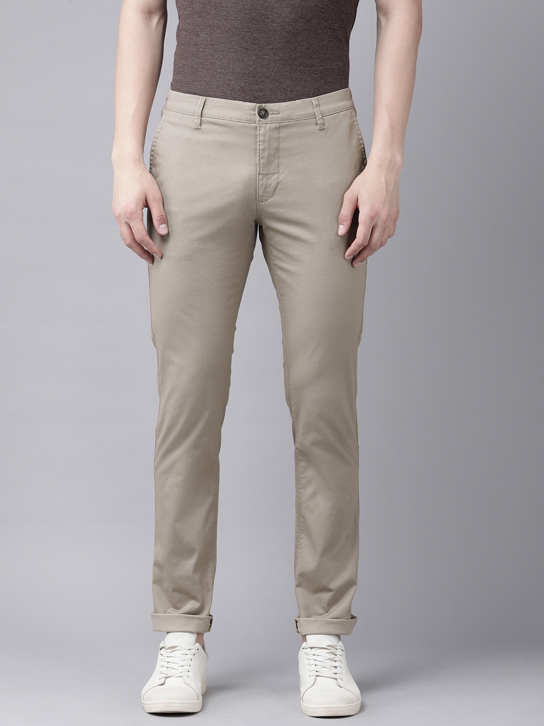 

U S Polo Assn Men Self Design Textured Slim Fit Regular Trousers, Khaki