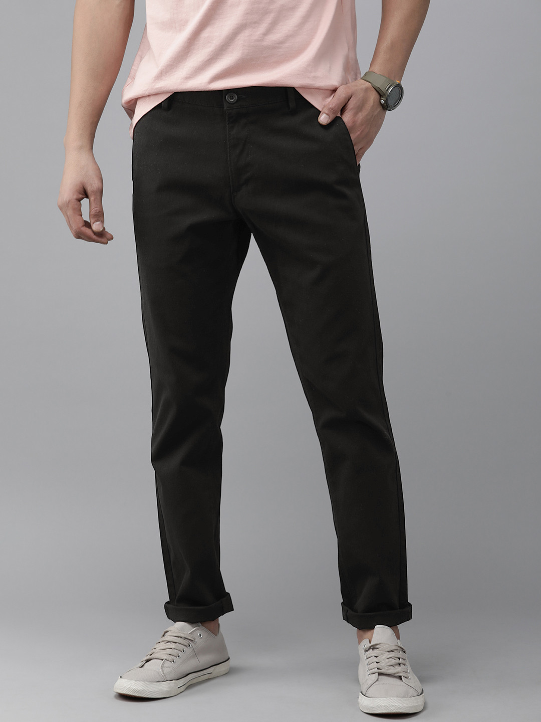 

U S Polo Assn Men Solid Slim Fit Smart Casual Trousers, Black