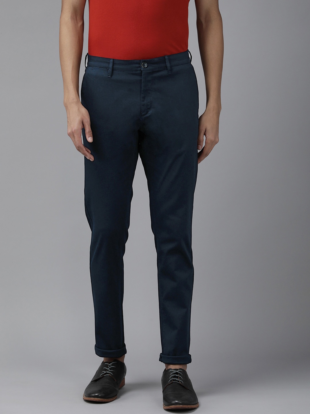 

U S Polo Assn Men Navy Blue Textured Slim Fit Corduroy Trousers