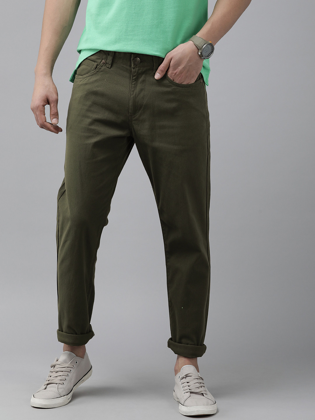 

U.S. Polo Assn. Men Solid Mid Rise Regular Fit Trousers, Olive