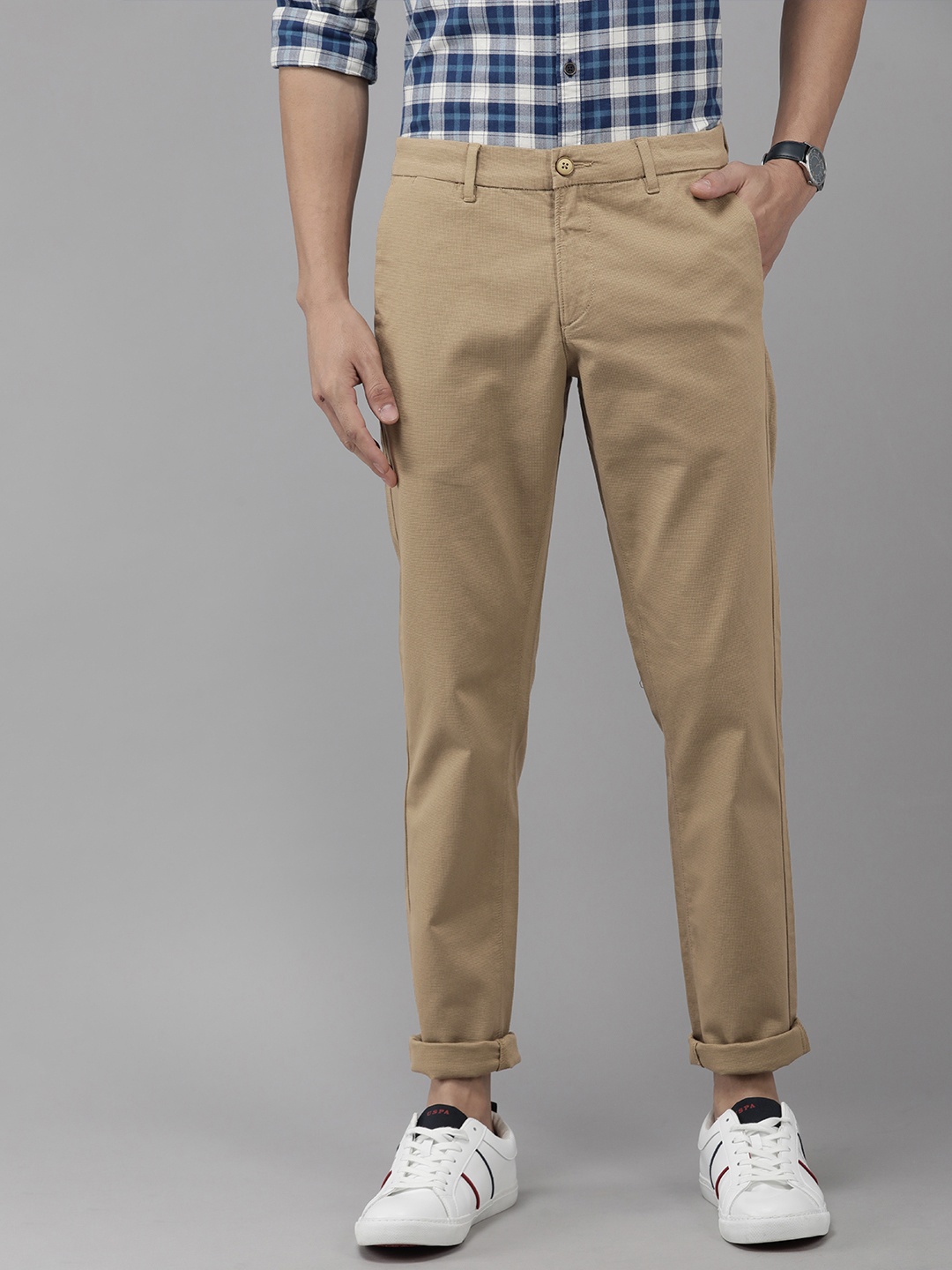 

U.S. Polo Assn. Men Khaki Solid Austin Trim Fit Mid-Rise Plain Woven Flat-Front Trousers