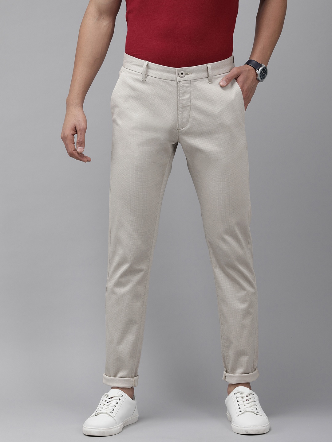 

U S Polo Assn Men Beige Printed Trim Fit Casual Trousers