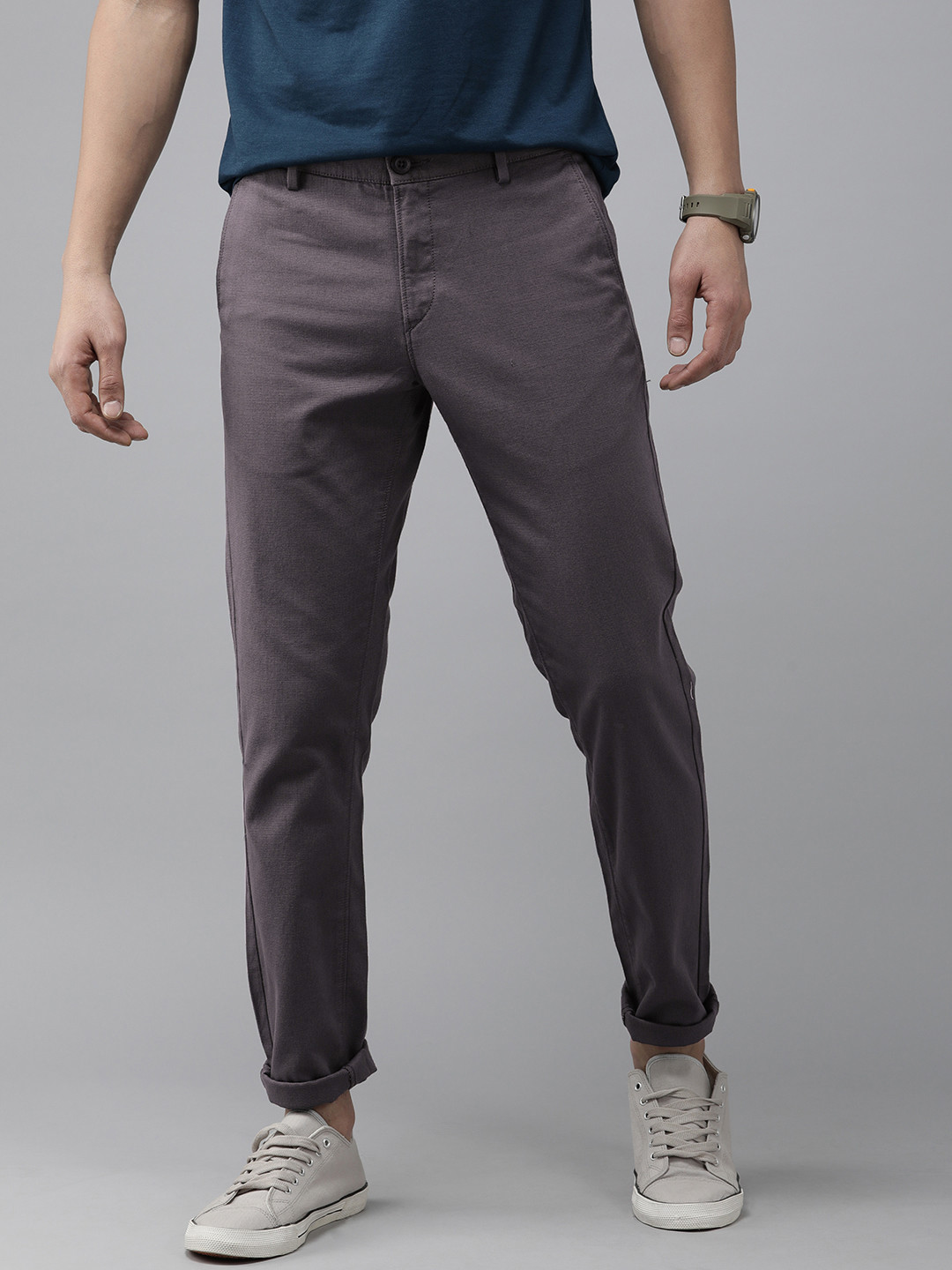 

U.S. Polo Assn. Men Trim Fit Textured Corduroy Mid Rise Regular Trousers, Grey