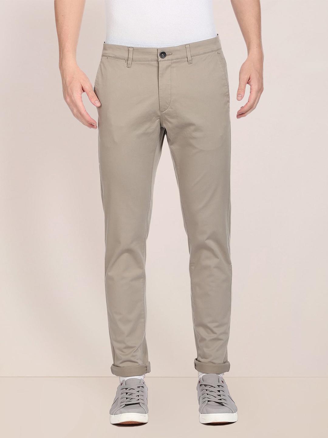 U S Polo Assn Men Beige Solid Slim Fit Trousers