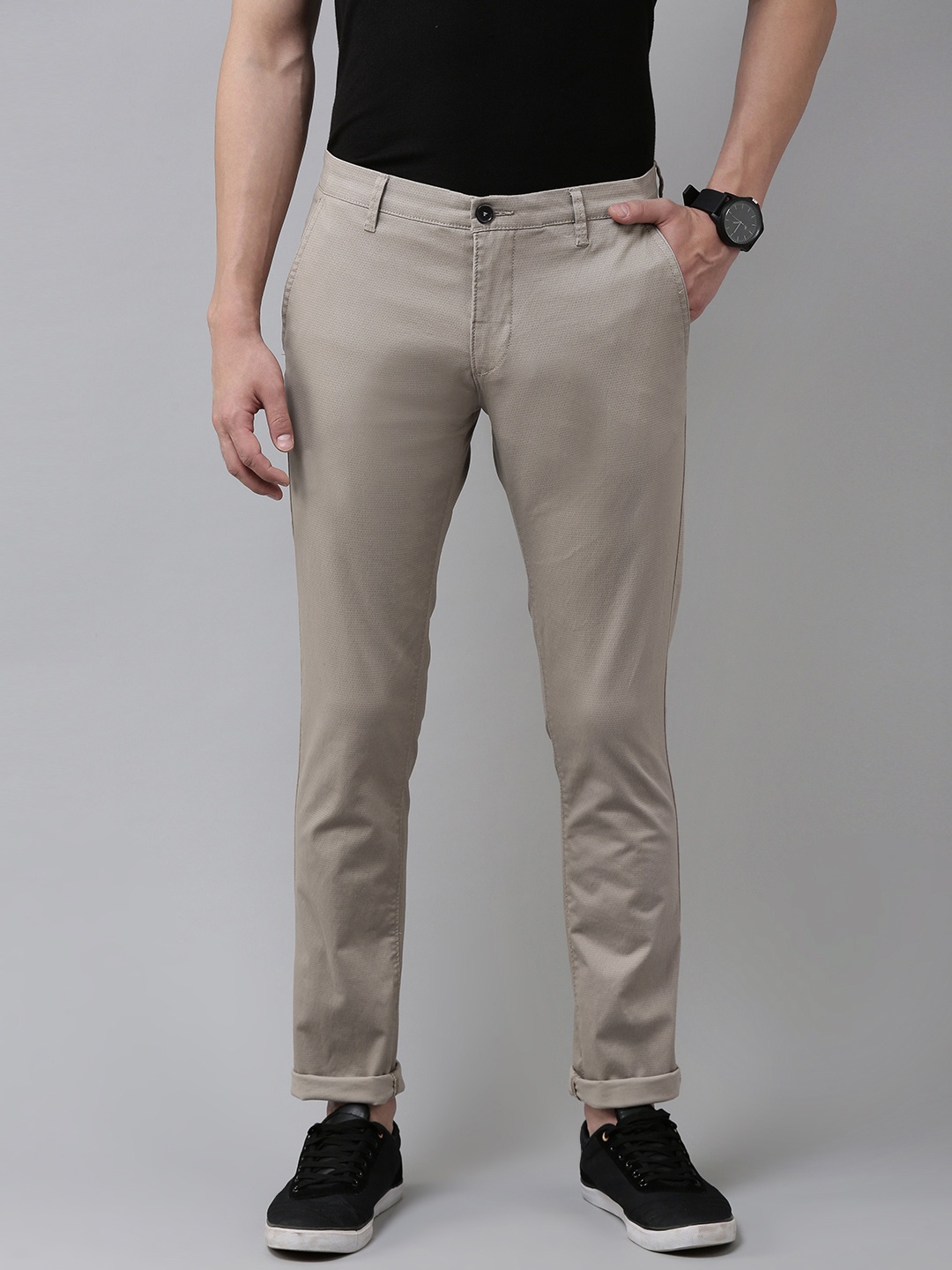 

U S Polo Assn Men Beige Printed Slim Fit Regular Trousers