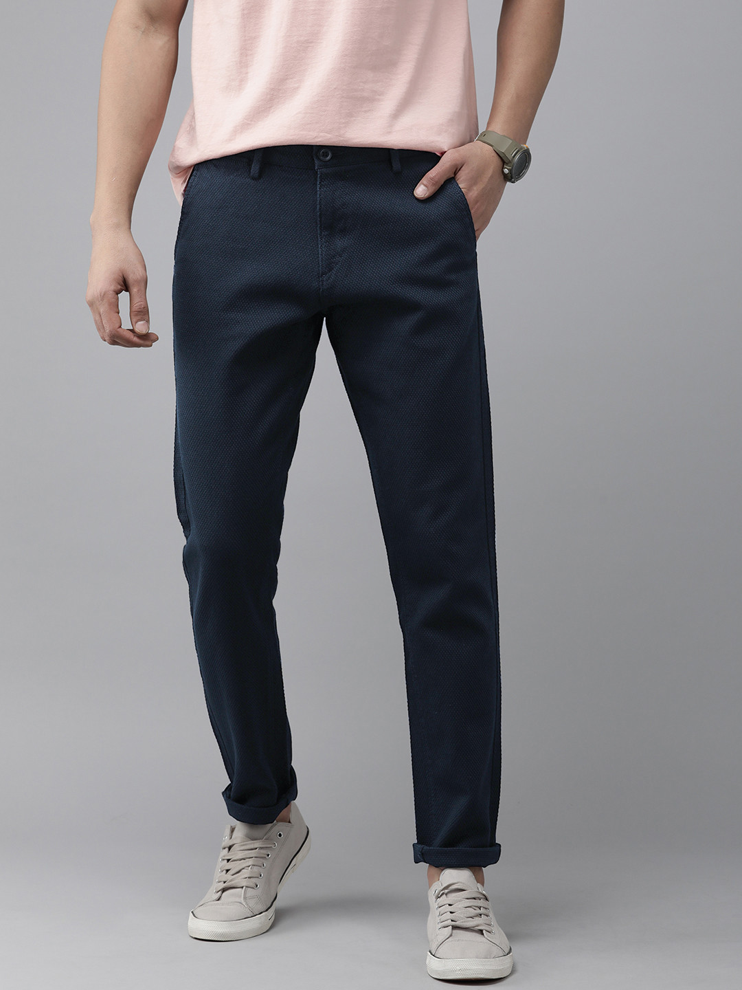 

U S Polo Assn Men Self Design Textured Slim Fit Smart Casual Corduroy Trousers, Navy blue