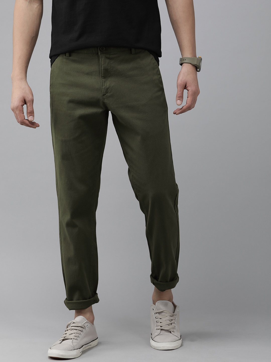 

U.S. Polo Assn. Men Trim Fit Solid Mid Rise Regular Trousers, Olive