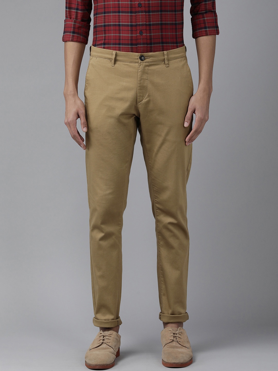 U S Polo Assn Men Beige Textured Slim Fit Trousers