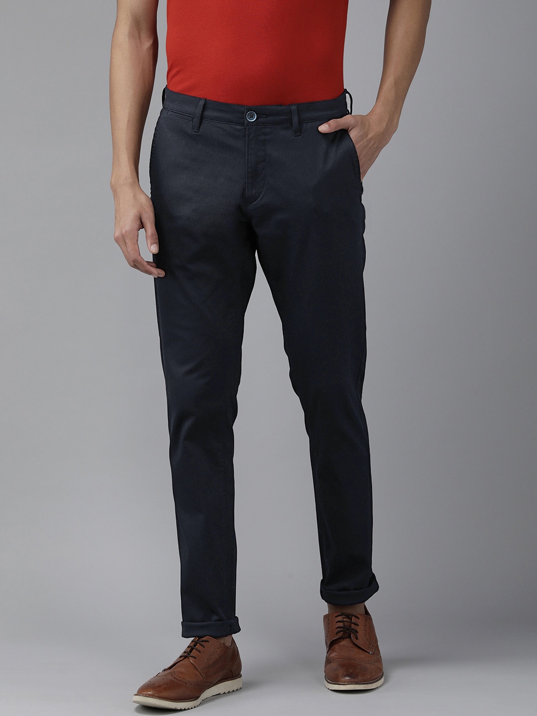U S Polo Assn Men Navy Blue Textured Slim Fit Corduroy Trousers