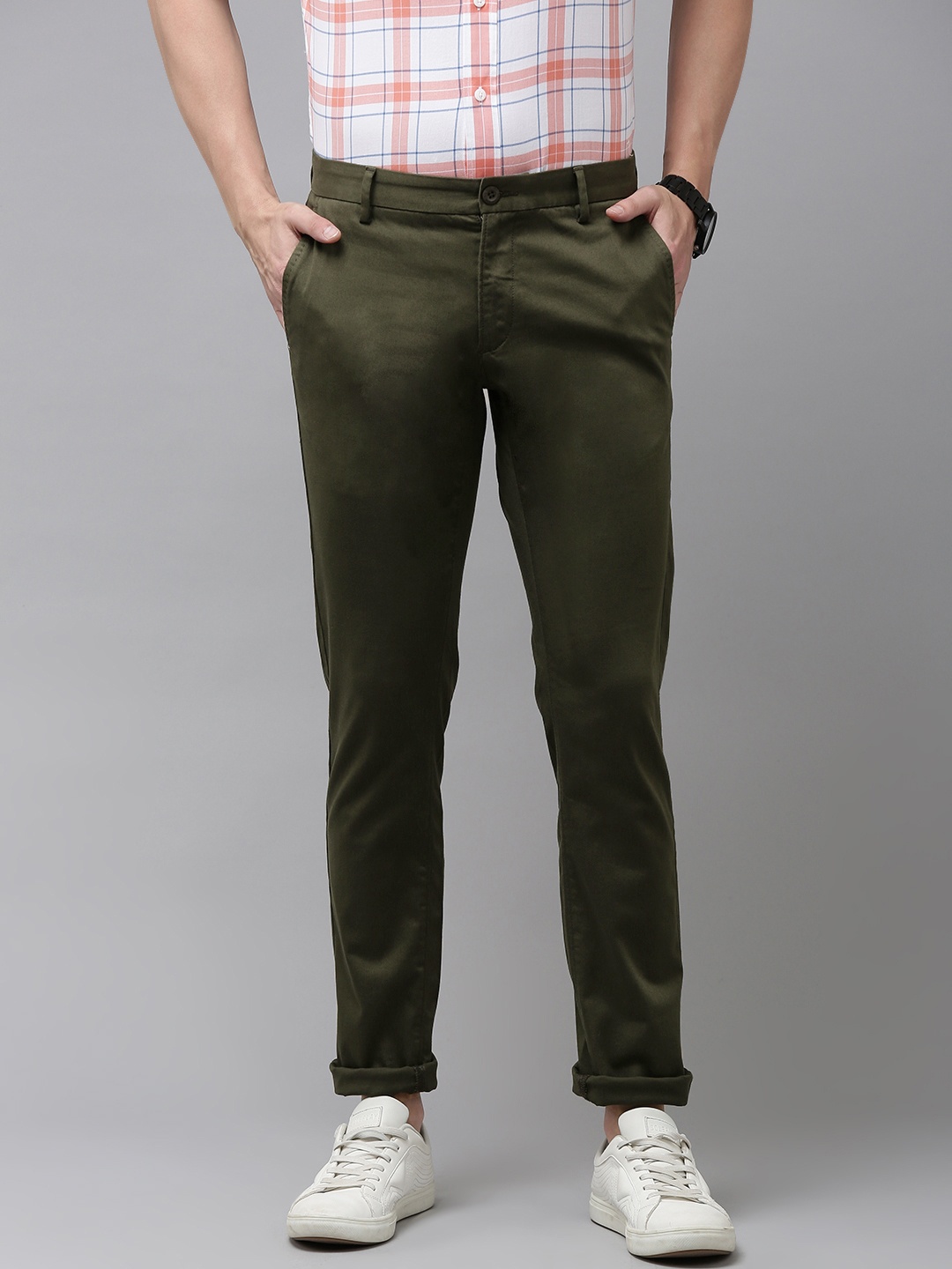 

U S Polo Assn Men Olive Green Solid Mid-Rise Austin Trim Fit Corduroy Trousers