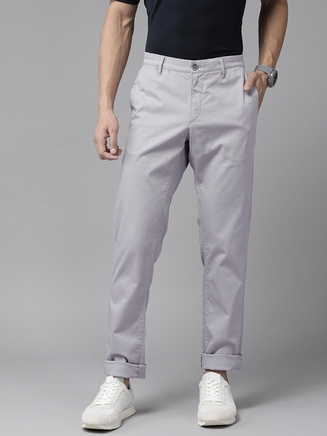 

U.S. Polo Assn Men Grey Textured Slim Fit Chino Trousers