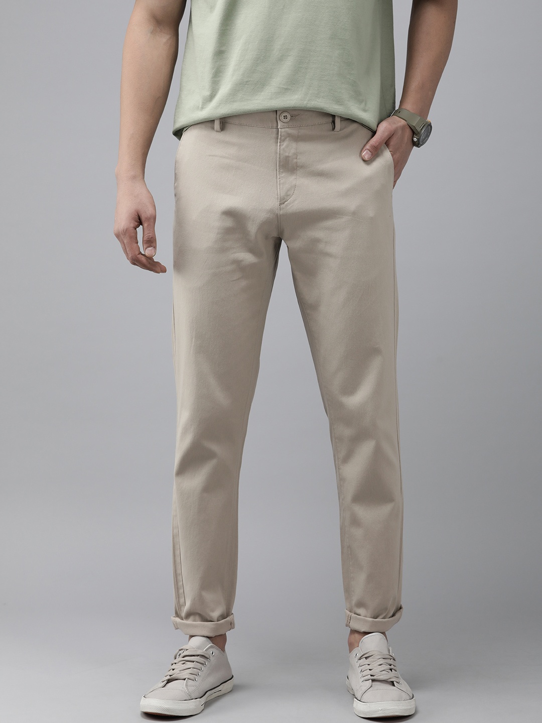 

U S Polo Assn Men Solid Slim Fit Smart Casual Trousers, Beige
