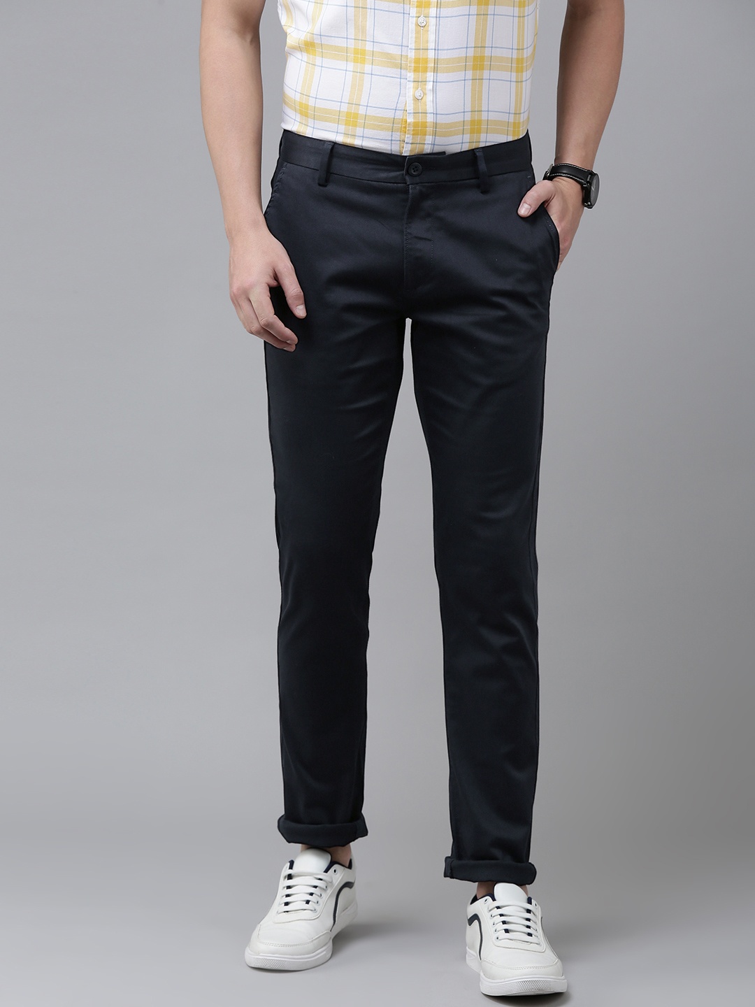 

U S Polo Assn Men Navy Blue Textured Slim Fit Chinos Trousers