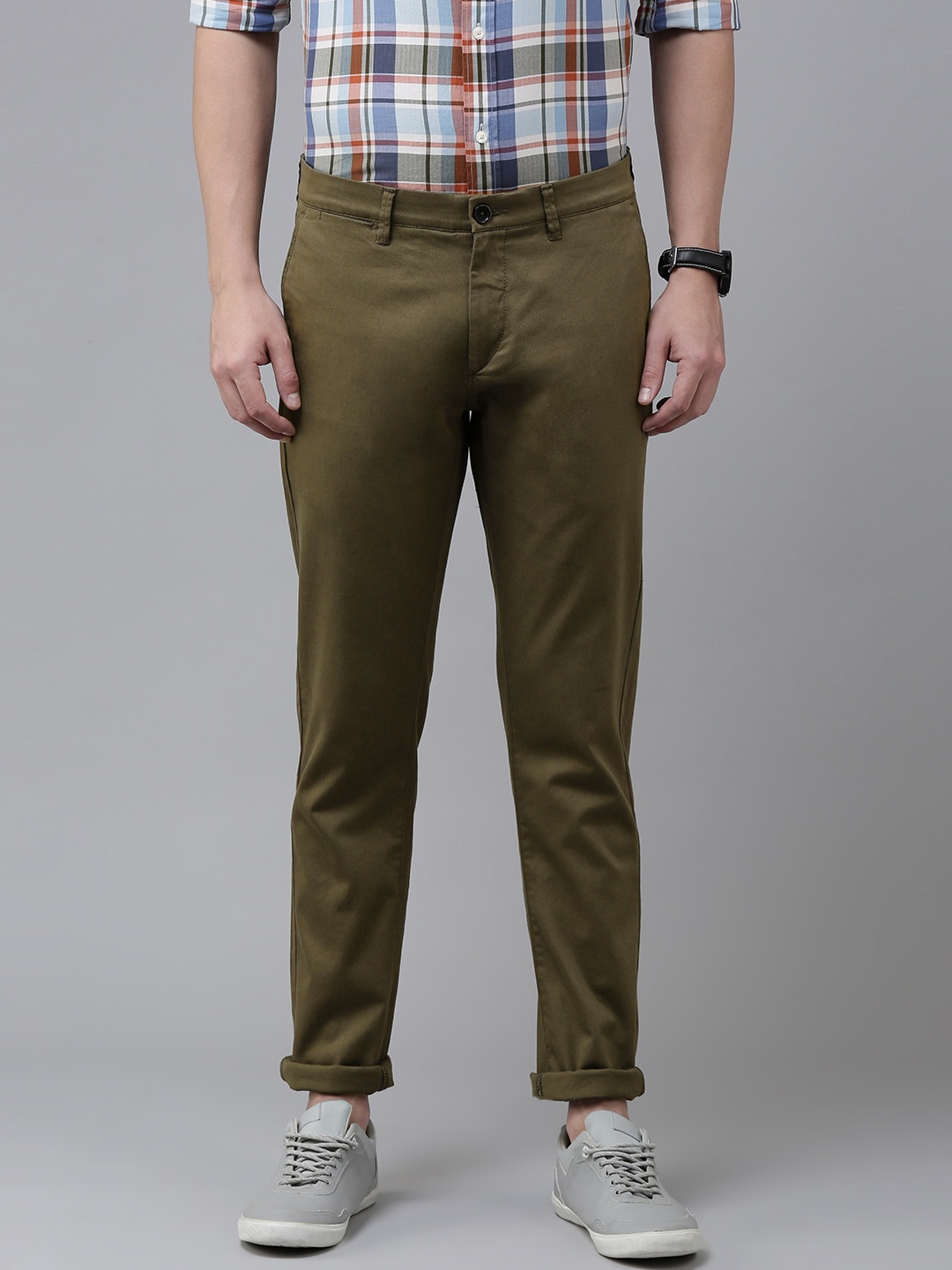 

U S Polo Assn Men Olive Green Textured Slim Fit Chinos Trousers