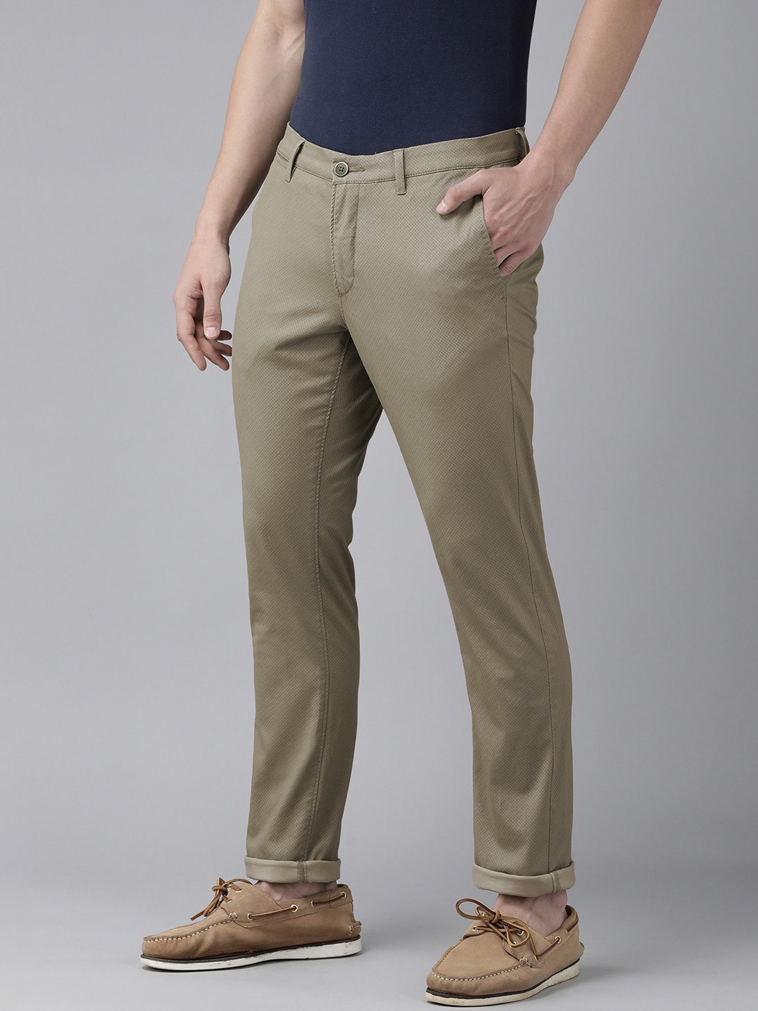 

U S Polo Assn Men Olive Green Textured Slim Fit Corduroy Trousers