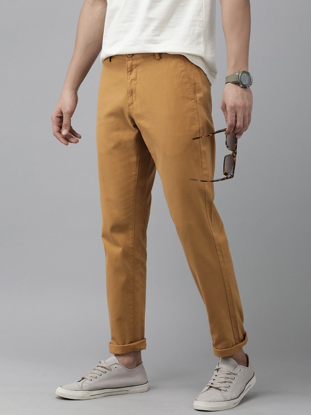 

U.S. Polo Assn. Men Trim Fit Solid Mid Rise Regular Trousers, Khaki