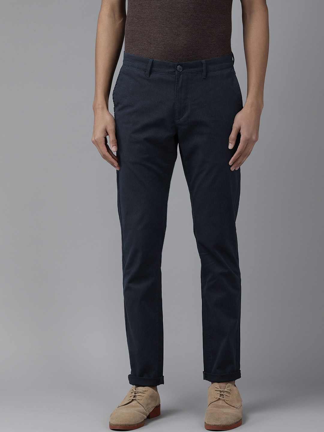 

U S Polo Assn Men Navy Blue Striped Slim Fit Corduroy Trousers