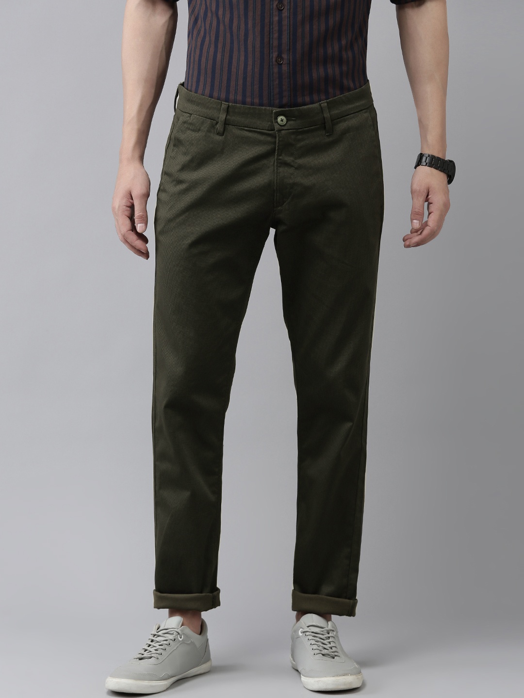 

U S Polo Assn Men Self Design Textured Slim Fit Trousers, Olive
