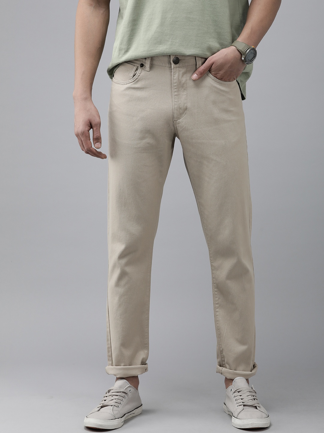 

U S Polo Assn Men Solid Slim Fit Smart Casual Trousers, Beige