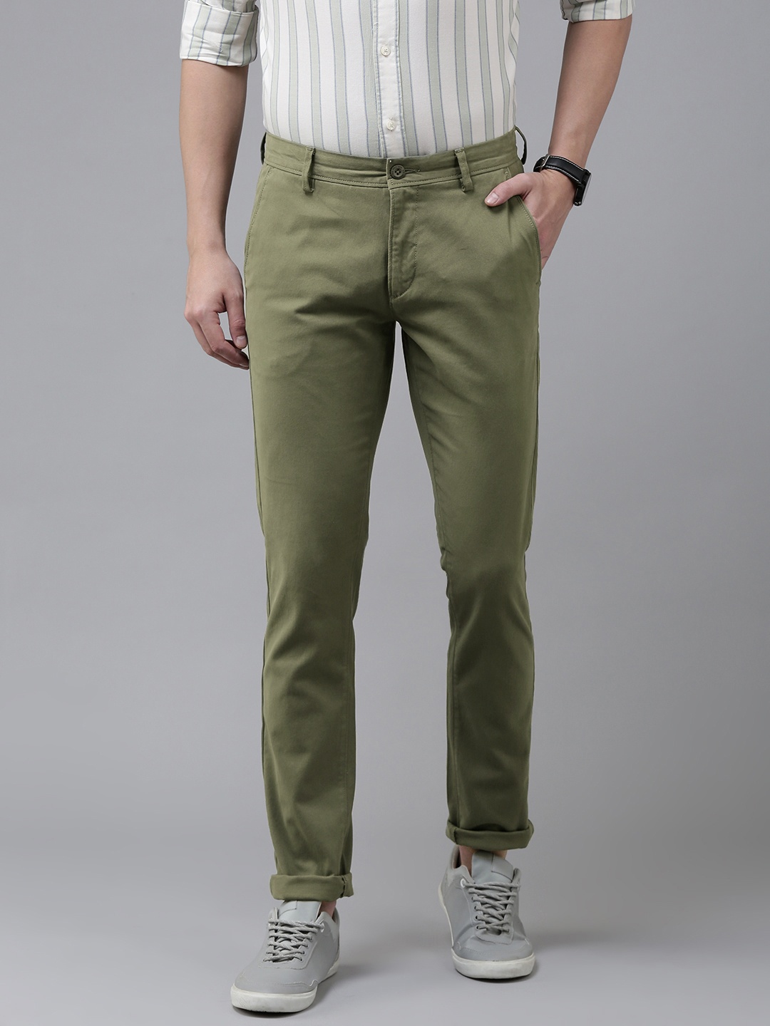 

U S Polo Assn Men Olive Green Textured Slim Fit Corduroy Chinos Trousers