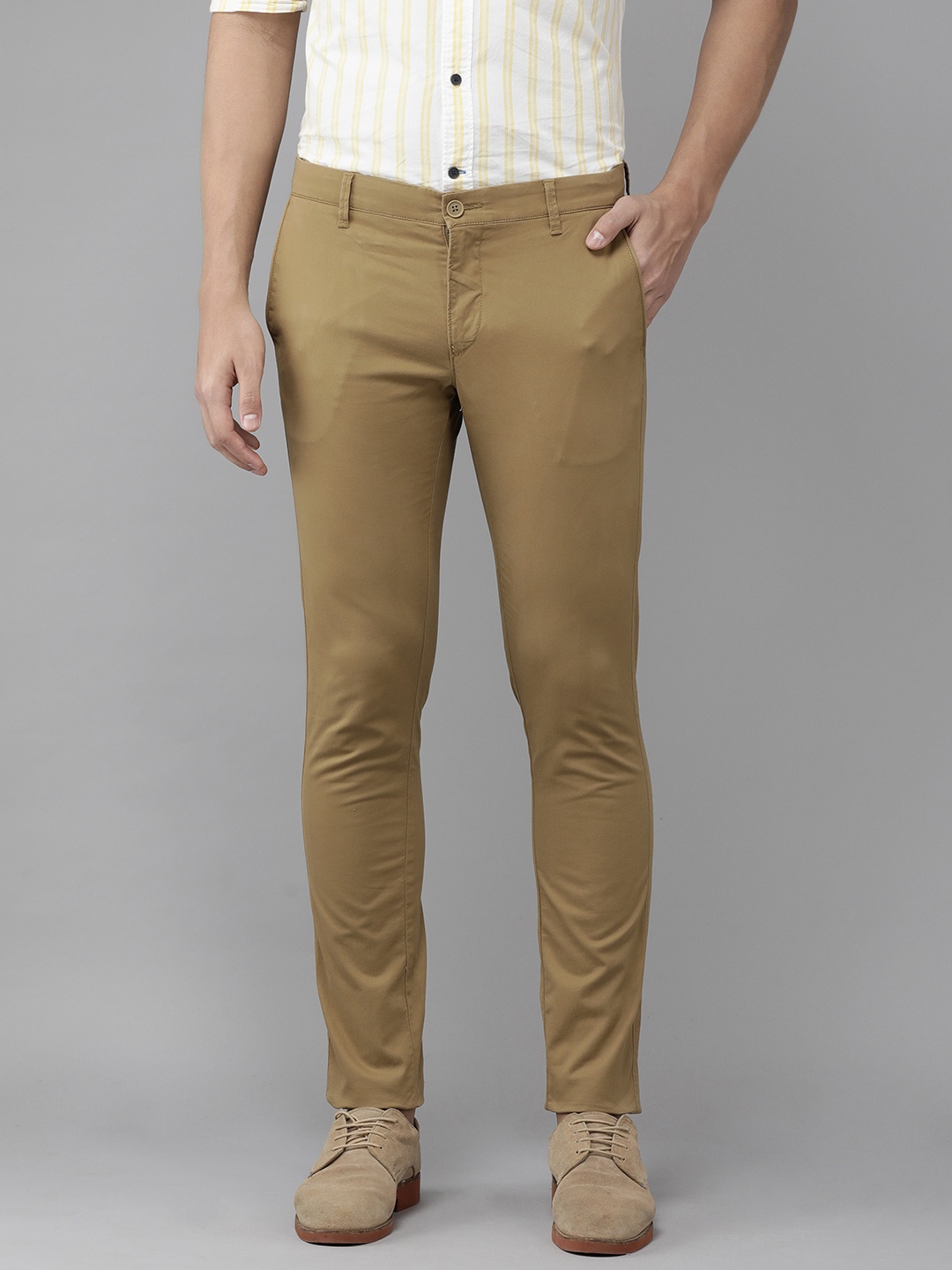 

U.S. Polo Assn. Men Mustard Yellow Solid Denver Slim Fit Mid-Rise Flat-Front Trousers