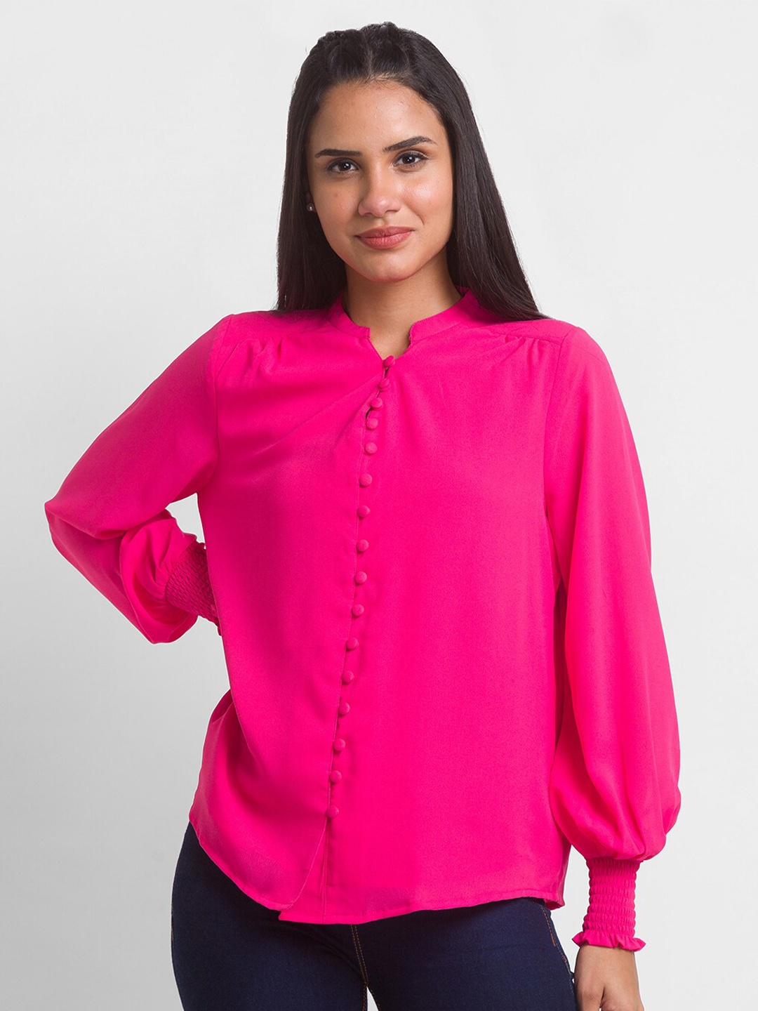 

Globus Pink Mandarin Collar Georgette Top