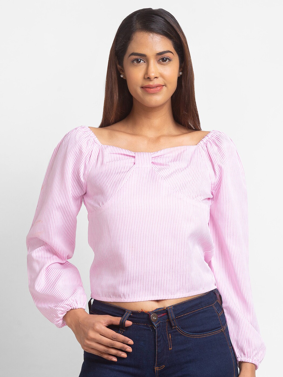 

Globus Pink Striped Sweetheart Neck Crop Top