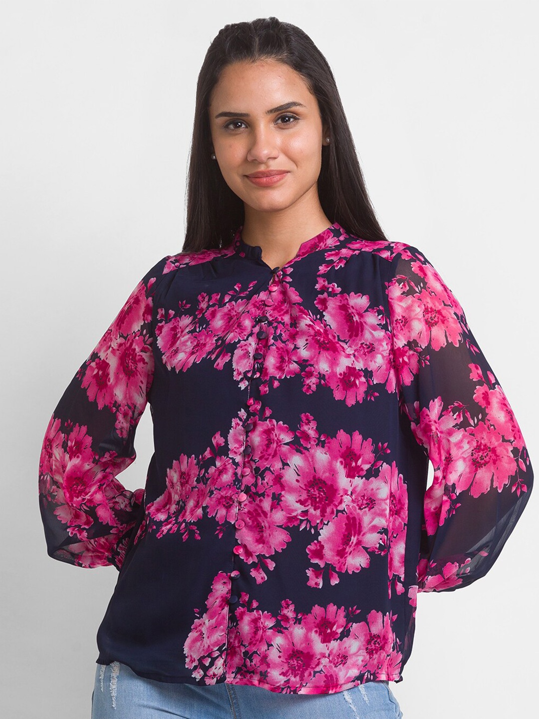 

Globus Women Navy Blue Floral Print Mandarin Collar Georgette Shirt Style Top