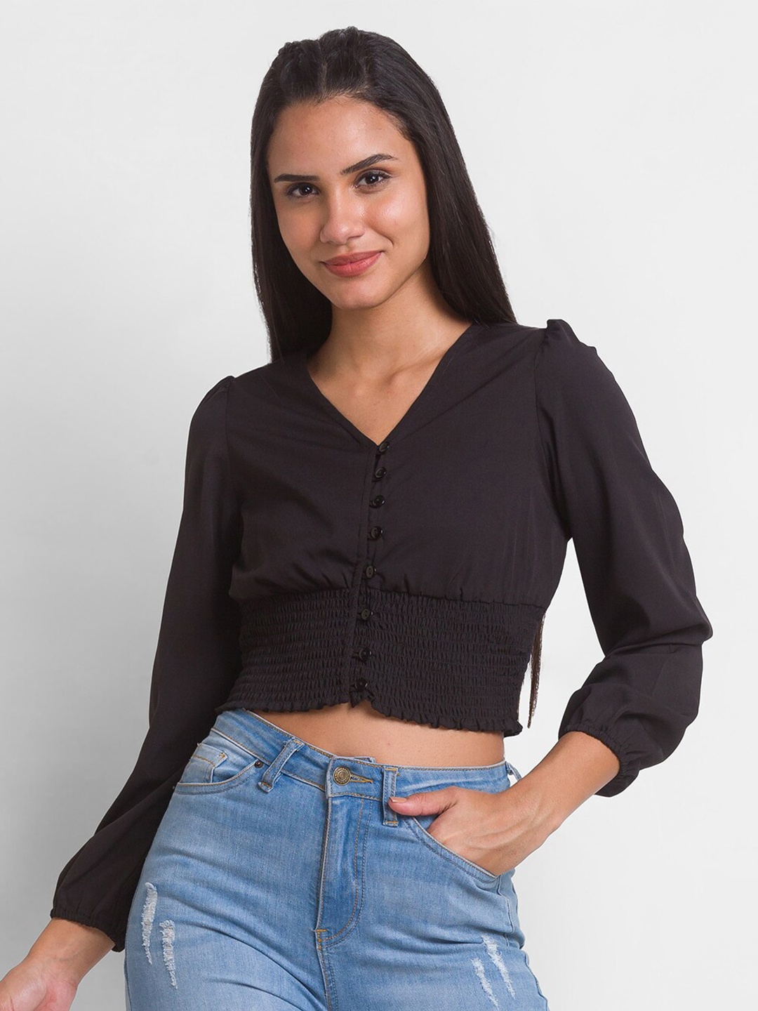 

Globus Black Crepe Blouson Crop Top