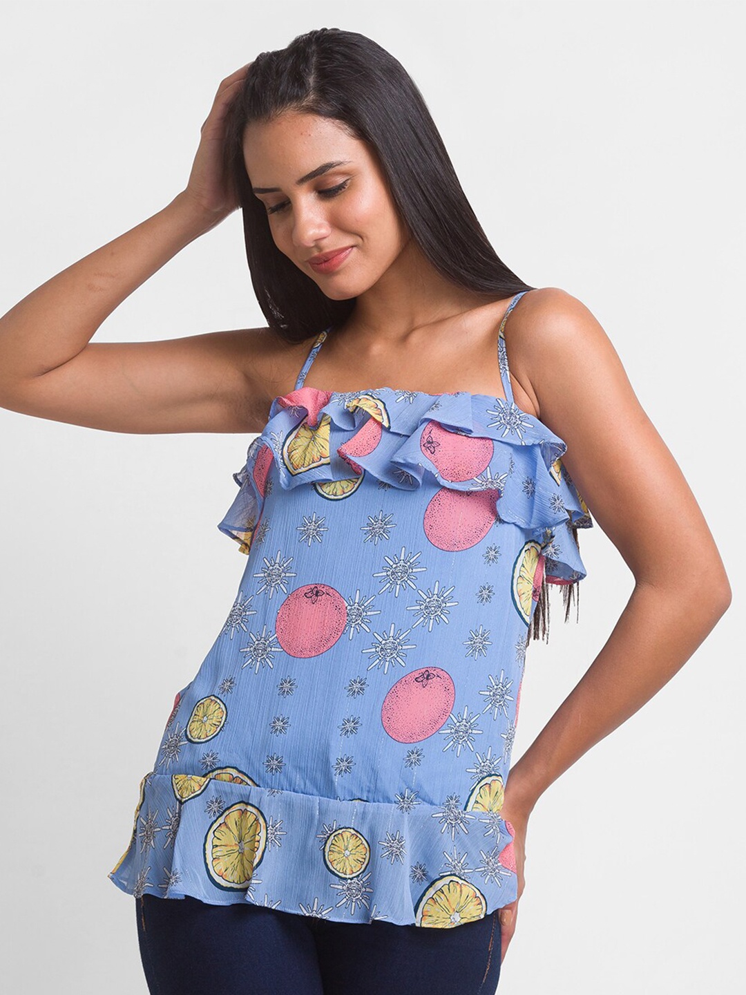 

Globus Blue Print Ruffles Georgette Top