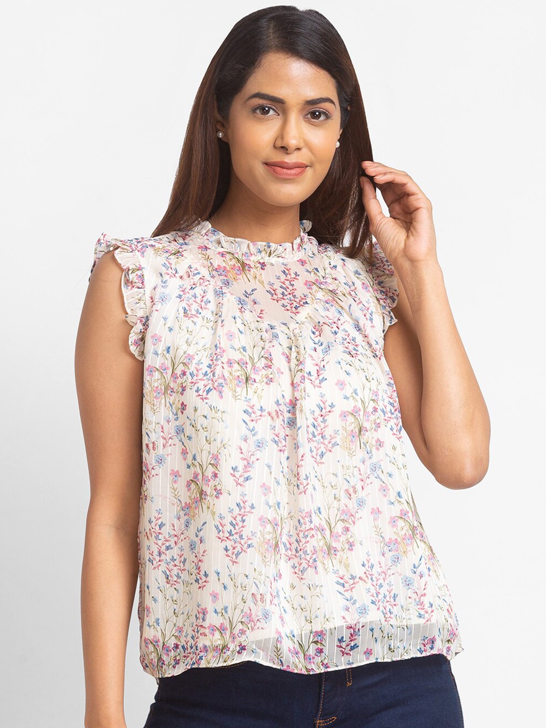 

Globus Women Cream Floral Printed Ruffles Top