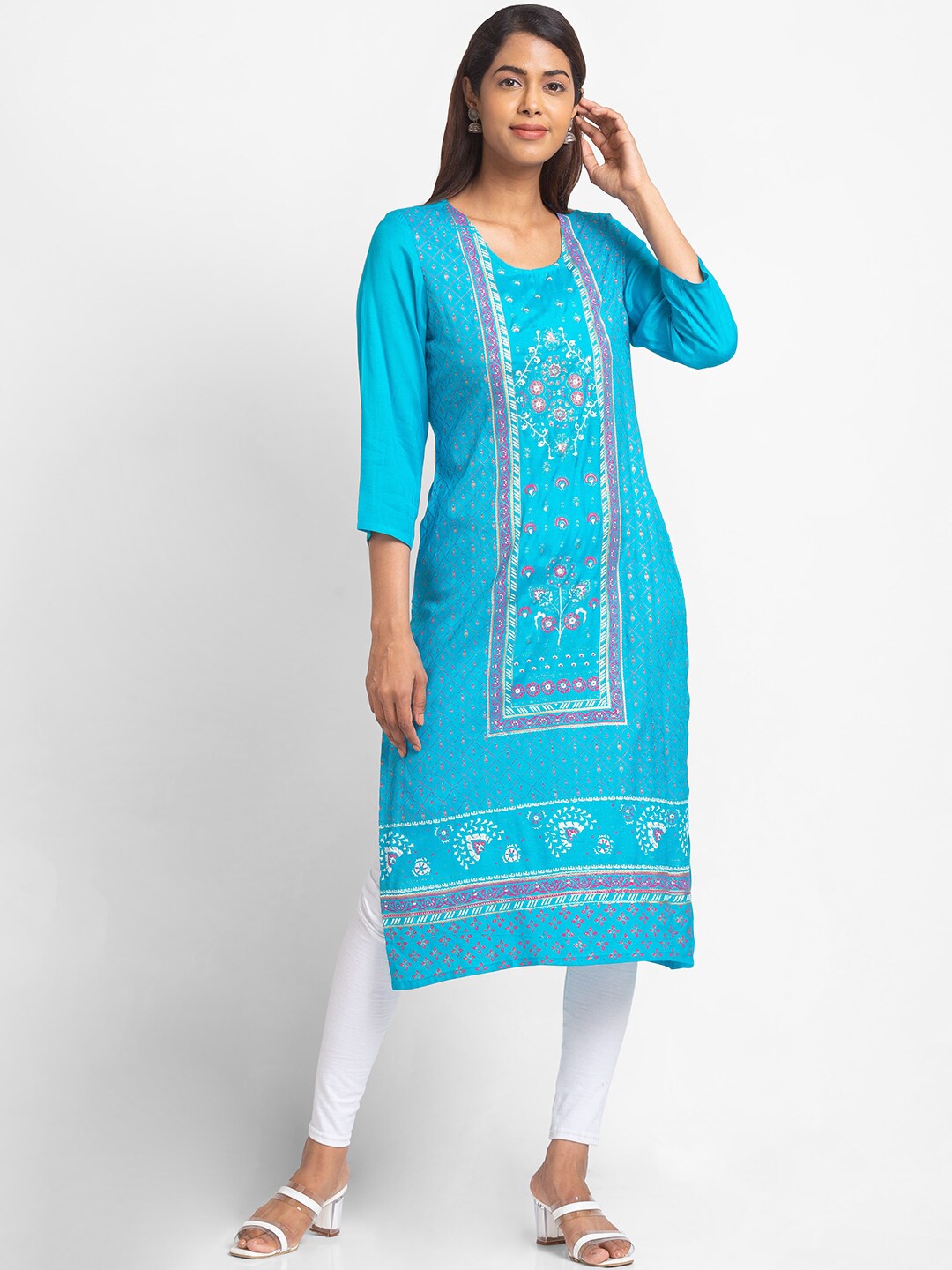 

Globus Women Turquoise Blue Ethnic Motifs Printed Kurta