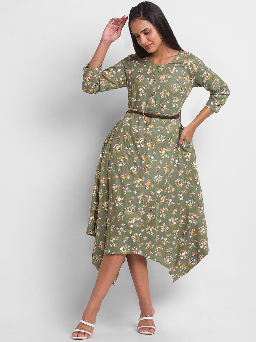 

Globus Olive Green Floral A-Line Midi Dress