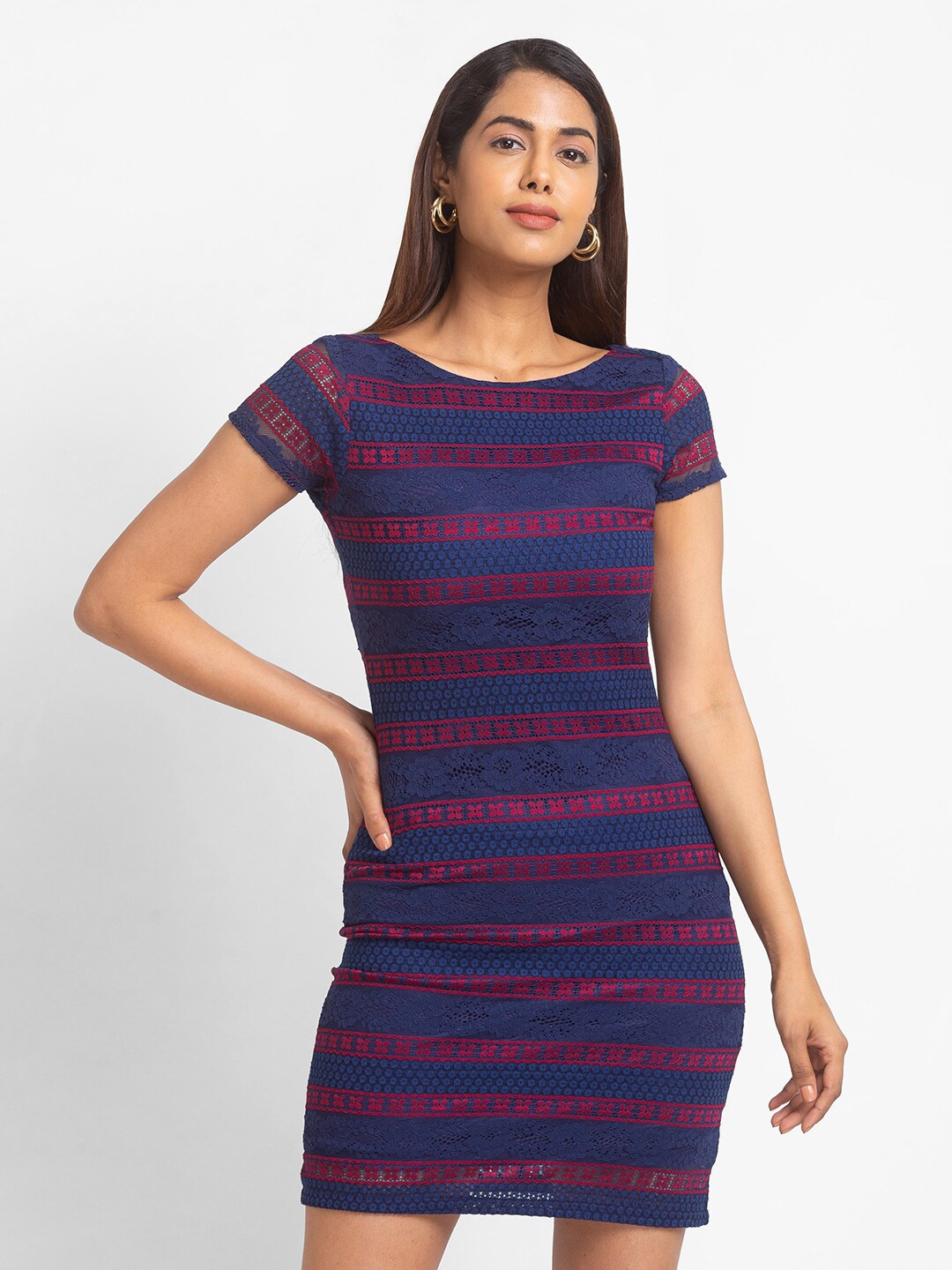 

Globus Navy Blue Striped Lace Bodycon Dress