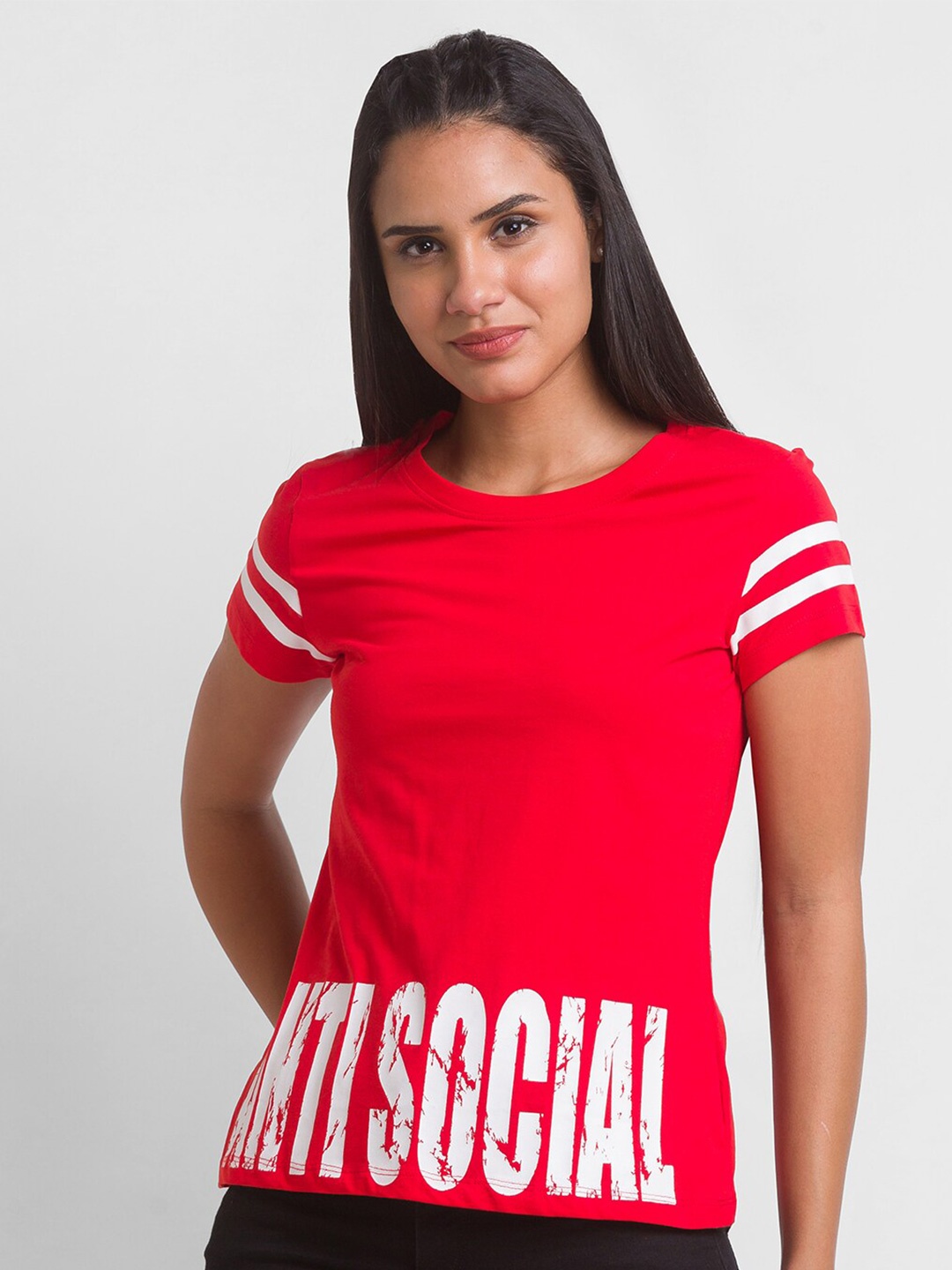

Globus Women Red & White Typography Printed Pure Cotton T-shirt