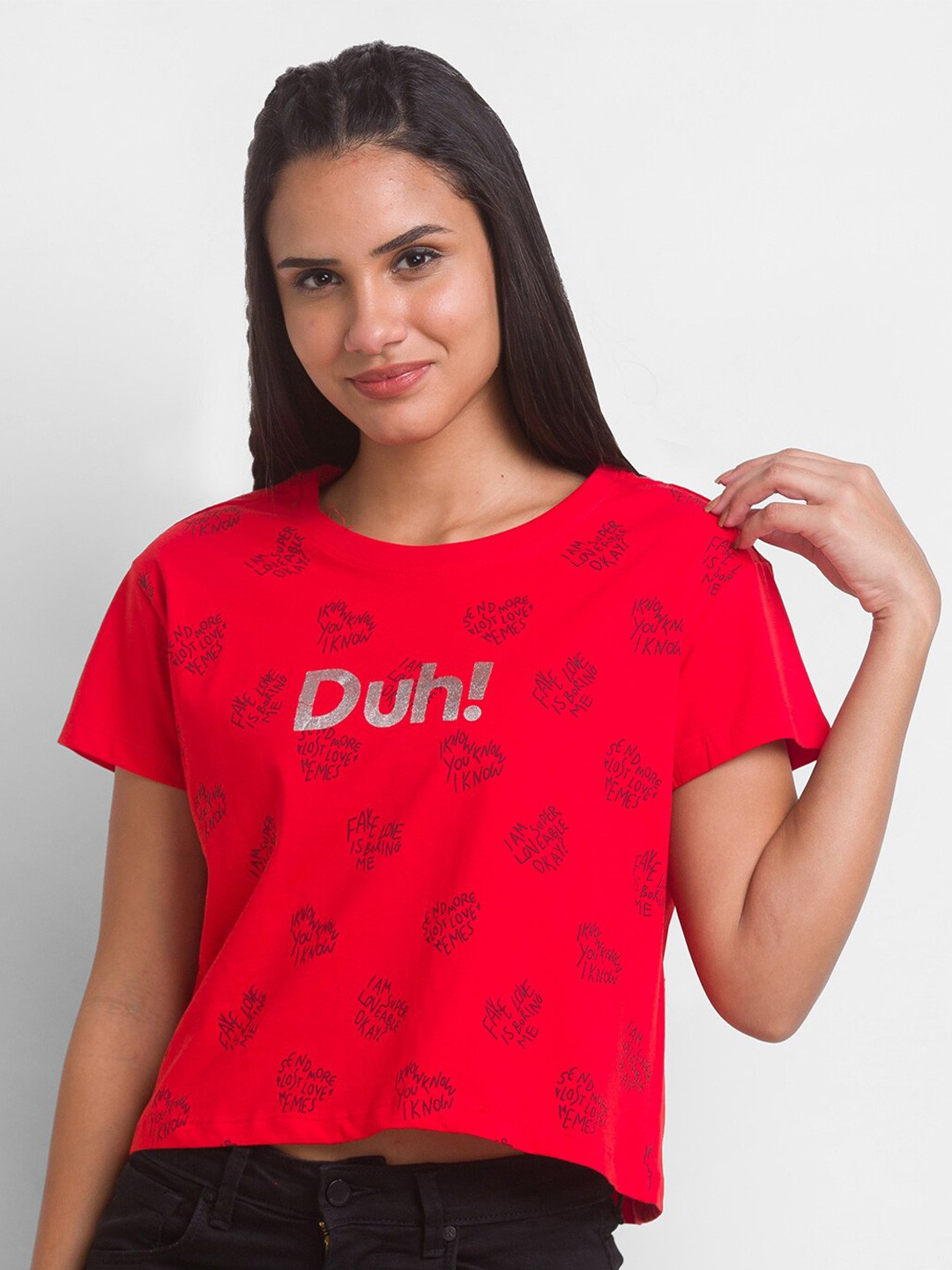 

Globus Women Red Typography Printed Pure Cotton T-shirt