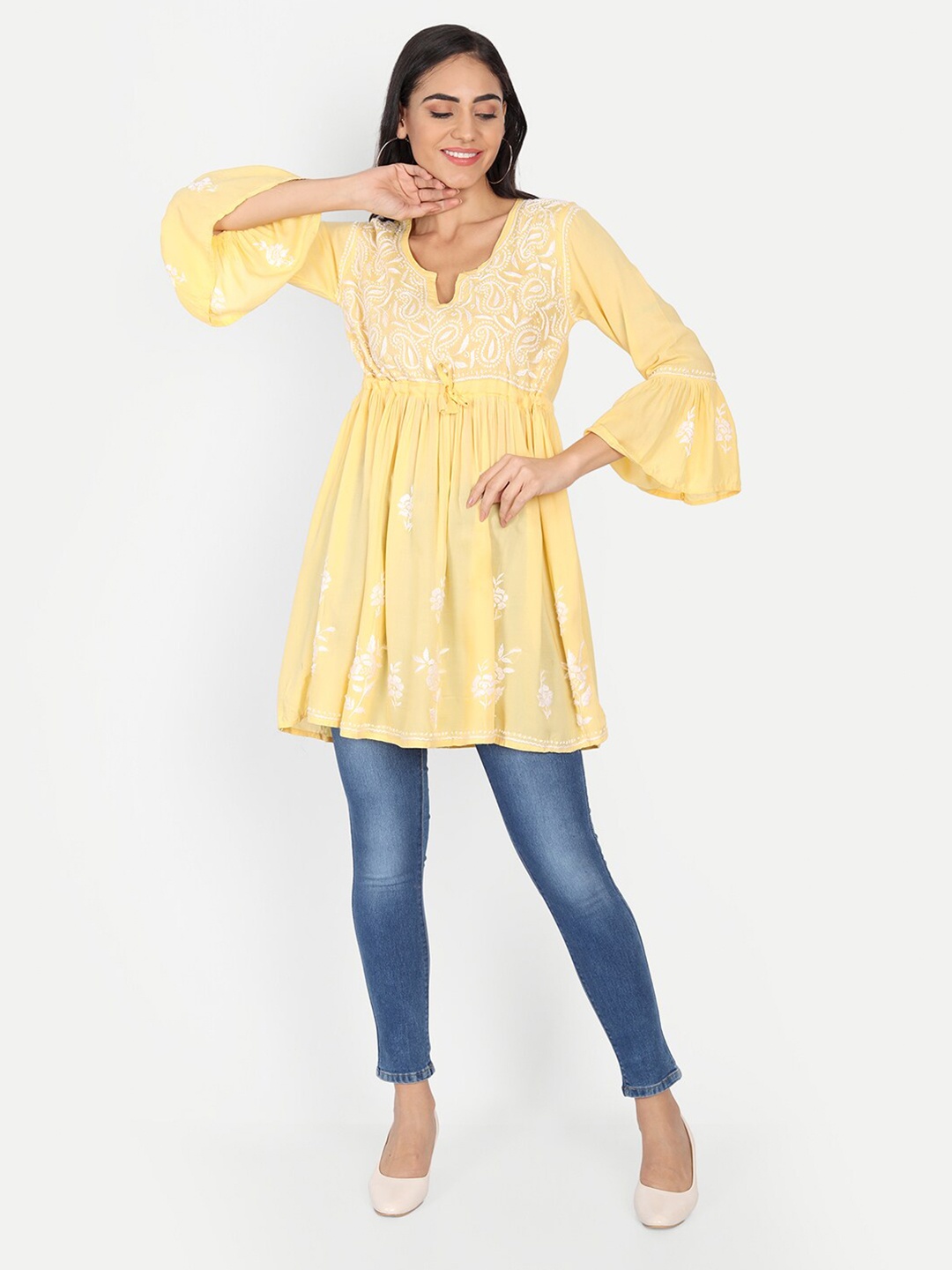 

Indiankala4u Yellow Ethnic Motifs Embroidered Chikankari Modal Chikankari Anarkali Kurti