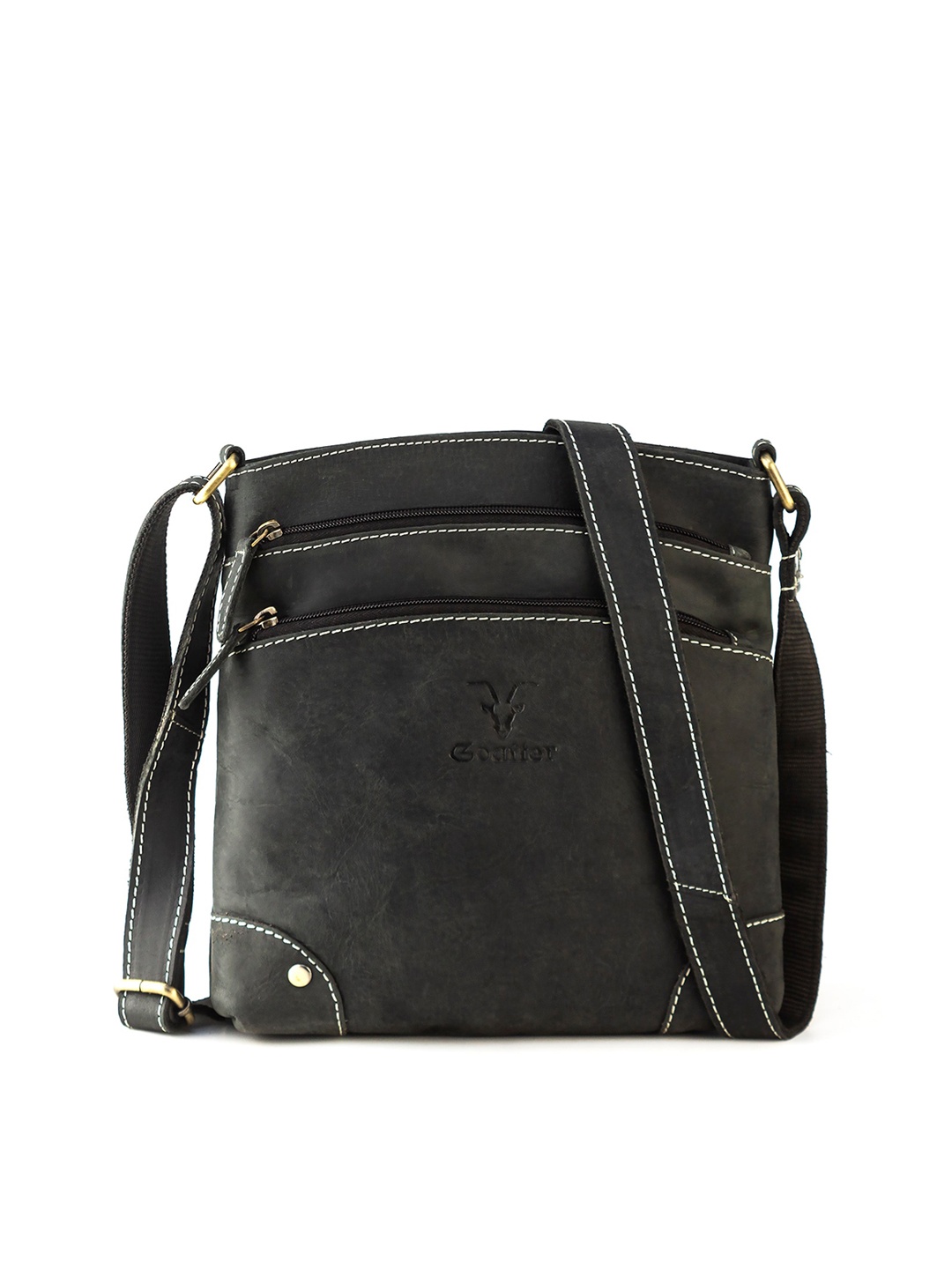 

Goatter Black Leather Structured Sling Cross-Body Bag
