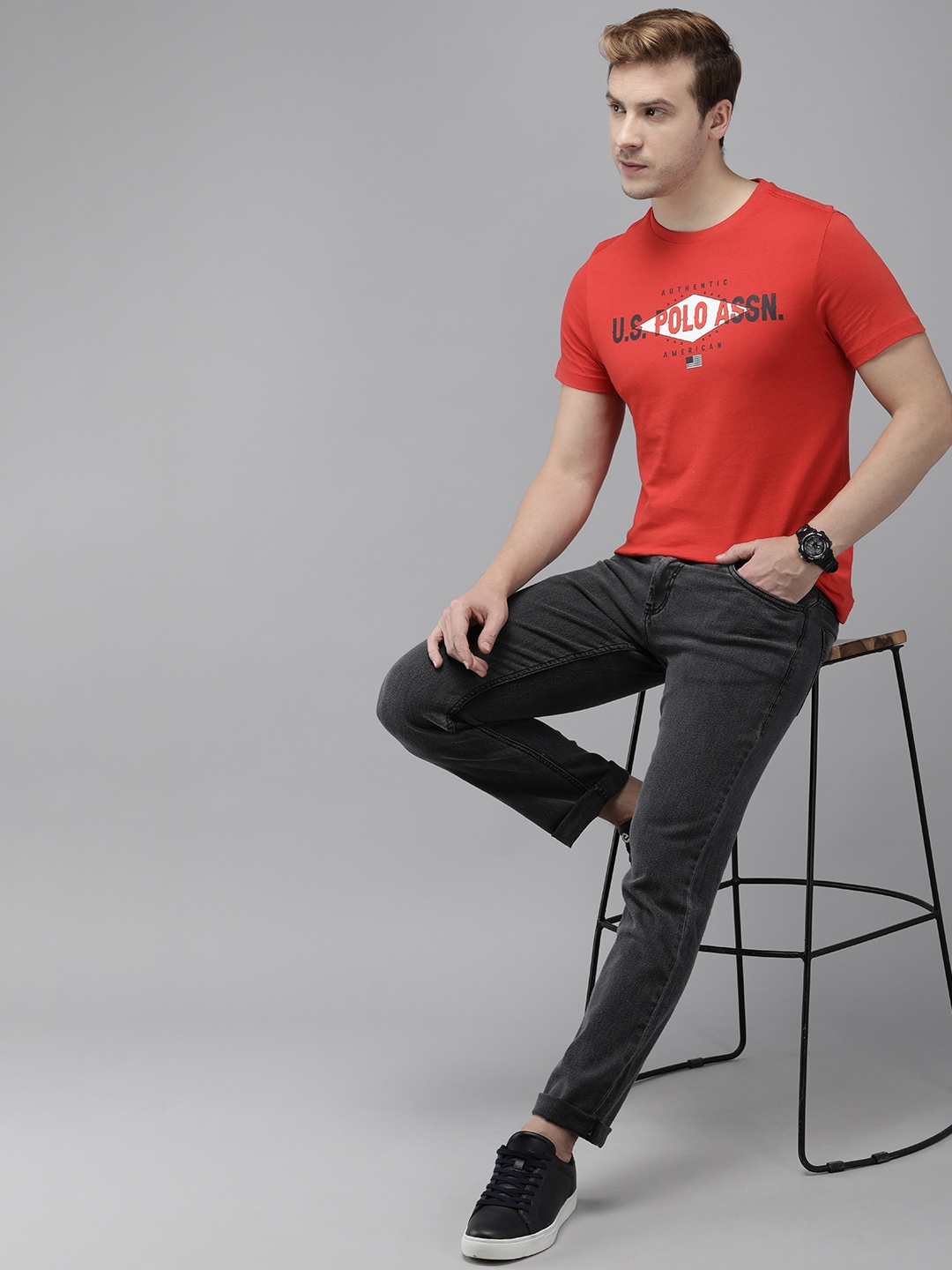 

U.S. Polo Assn. Denim Co. Men Red Pure Cotton Brand Logo Printed T-shirt