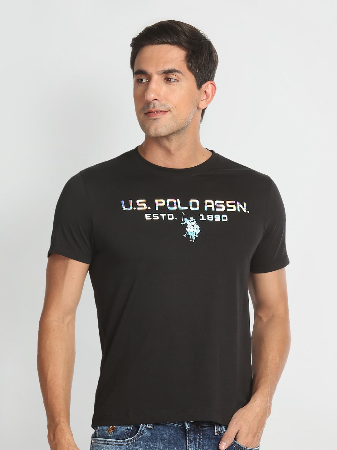 

U S Polo Assn Denim Co Men Black Brand Logo Printed Pure Cotton Slim Fit T-shirt