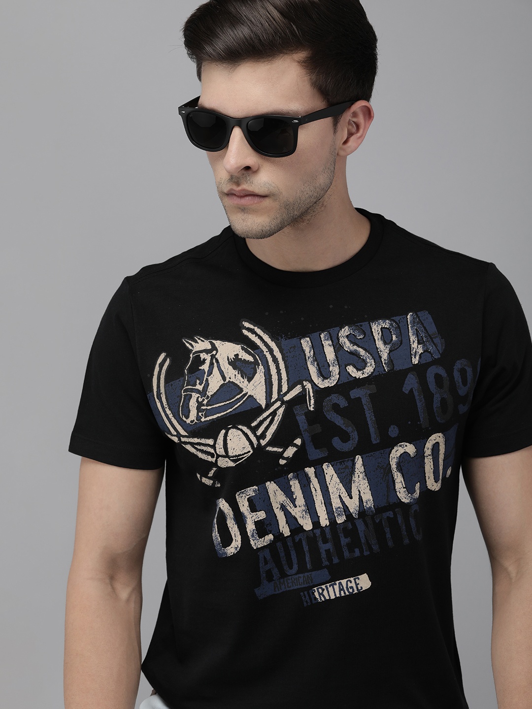 

U.S. Polo Assn. Denim Co. Men Black Typography Print Pure Cotton Slim Fit T-shirt