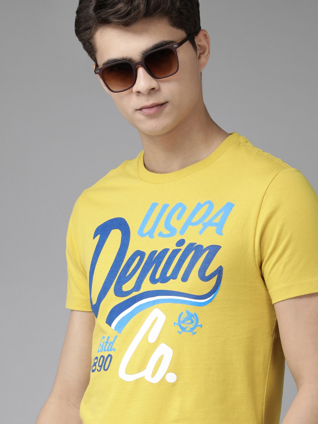 

U S Polo Assn Denim Co Men Yellow Brand Logo Printed Pure Cotton Slim Fit T-shirt