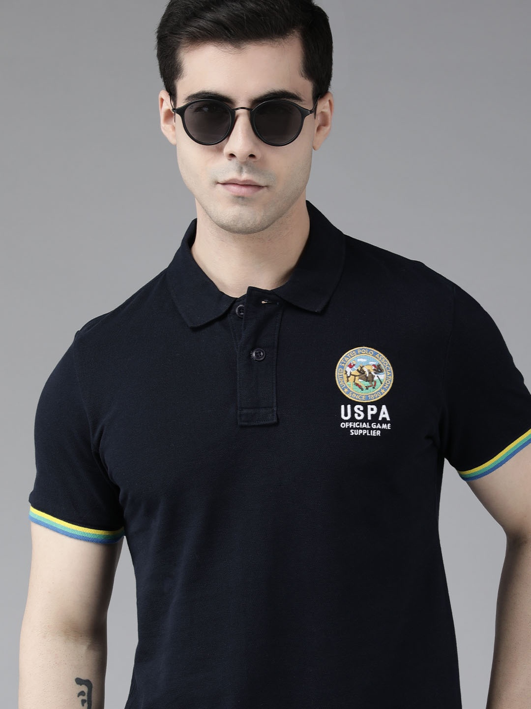 

U S Polo Assn Men Navy Blue Pure Cotton Polo Collar T-shirt